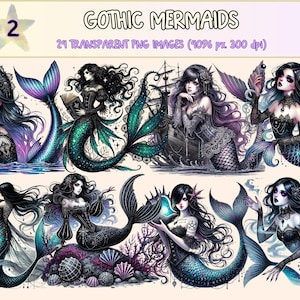 Gothic Mermaids (P2) Clipart - 24 PNG Dark Fantasy Graphics, Mysterious Ocean Siren Illustrations, Instant Digital Download, Commercial Use