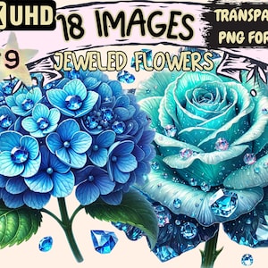 Jeweled Flowers (P9) Clipart - 18 PNG Elegant Gem Floral Illustrations, Decorative Art, Instant Digital Download, Unlimited Commercial Use