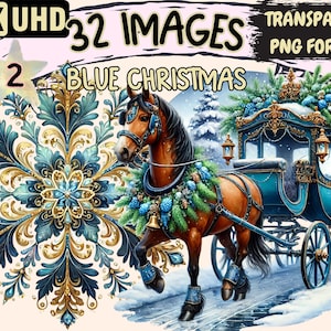Blue Christmas (P2) Clipart - 32 PNG Wintery Blue Holiday Illustrations, Festive Art, Instant Digital Download, Unlimited Commercial Use