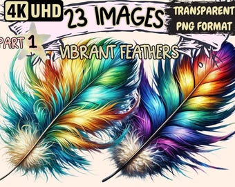 Colorful Feather Clipart – 23 PNG Illustrations, Boho Art (Digital Download)