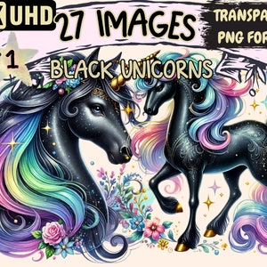 Black Unicorns Clipart - 27 PNG Mystical Unicorn Illustrations, Fantasy Art, Instant Digital Download, Unlimited Commercial Use for Crafts