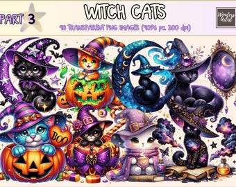 Witch Cats Clipart – 48 Magical Halloween PNG Illustrations (Digital Download)