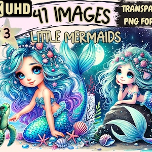 Little Mermaids (P3) Clipart - 41 PNG Adorable Mermaid Graphics, Ocean Printables, Instant Digital Download, Unlimited Commercial Use Crafts