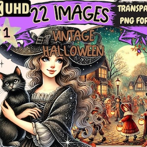 Vintage Halloween Clipart - 22 PNG Classic Spooky Illustrations, Retro Art, Instant Digital Download, Unlimited Commercial Use for Crafts