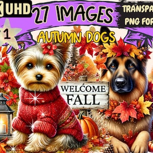Autumn Dogs Clipart - 27 PNG Cozy Puppy Illustrations, Cute Fall Puppies Art, Instant Digital Download, Unlimited Commercial Use for Crafts