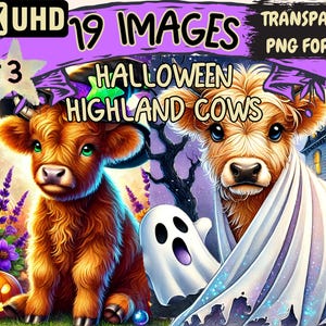 Halloween Highland Cows (P3) Clipart - 19 PNG Spooky Cow Illustrations, Festive Art, Instant Digital Download, Unlimited Commercial Use