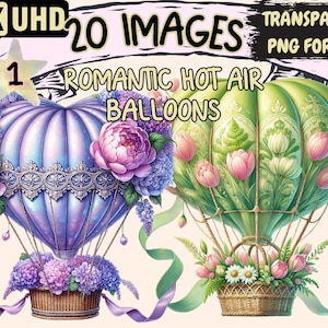 Romantic Hot Air Balloons Clipart - 20 PNG Valentine's Day Love Balloon Illustrations, Instant Digital Download, Unlimited Commercial Use