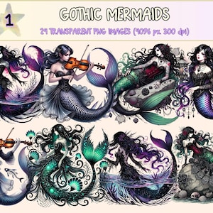 Gothic Mermaids (P1) Clipart - 24 PNG Dark Fantasy Graphics, Mysterious Ocean Siren Illustrations, Instant Digital Download, Commercial Use