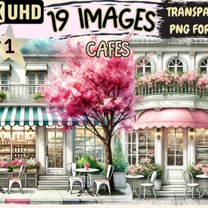 Cafes Clipart - 19 PNG Coffee Storefront Shop Illustrations, Cozy Cafe Art, Instant Digital Download, Unlimited Commercial Use for Crafts