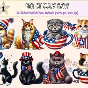 4th of July Cats Clipart - 25 PNG Patriotic Kitten Graphics, Red White Blue Cat Illustrations, Instant Digital Download, Commercial Use