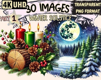 Winter Solstice Clipart – 30 PNG Graphics, Yule Illustrations (Digital Download)