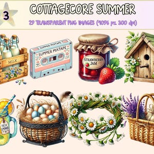 Cottagecore Summer (P3) Clipart - 29 PNG Rustic Picnic Graphics, Floral Basket & Honey Illustrations,Instant Digital Download,Commercial Use