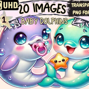 Baby Dolphins Clipart - 20 PNG Adorable Dolphin Illustrations, Ocean-Themed Art, Instant Digital Download, Unlimited Commercial Use Crafts