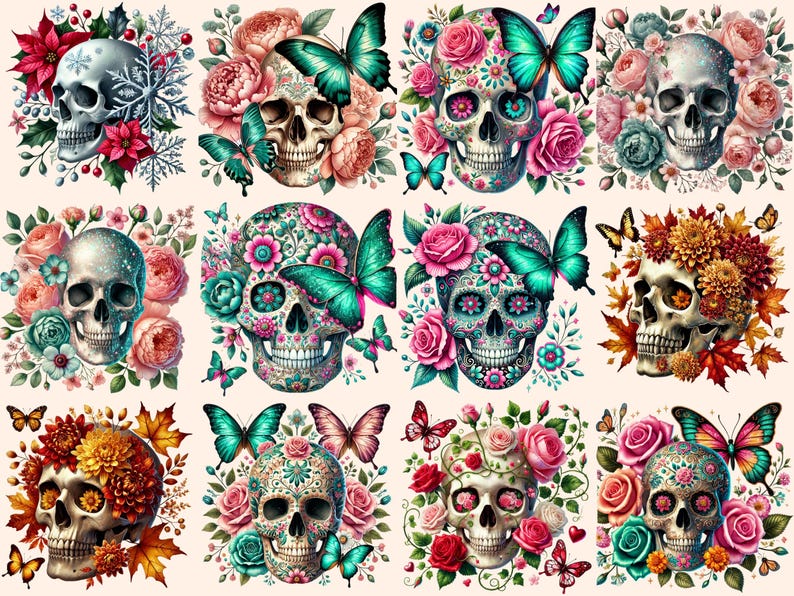 May include: A collage of ten colorful sugar skulls decorated with flowers and butterflies. Each skull is surrounded by a variety of flowers, including roses, daisies, and lilies. The butterflies are all different colors and patterns, and they are flying around the skulls.