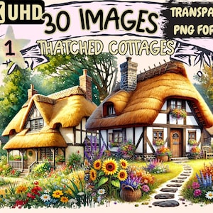 Thatched Cottages Clipart - 30 PNG Quaint Village Graphics, English Countryside Illustrations, Instant Digital Download, Commercial Use