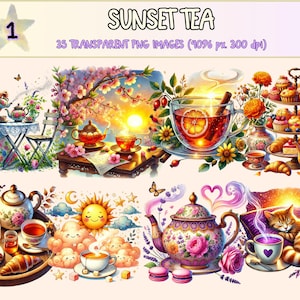 Sunset Tea Clipart - 35 PNG Cozy Evening Graphics, Warm Tea Illustrations, Serene Printables, Instant Digital Download, Commercial Use
