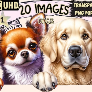 Dogs Clipart - 20 PNG Adorable Peeking Puppy Graphics, Cute Little Dog Breeds Printables, Instant Digital Download, Unlimited Commercial Use