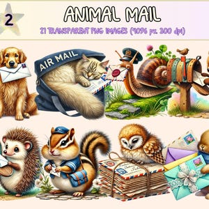 Animal Mail (P2) Clipart - 21 PNG Cute Animal Graphics, Envelope & Letter Printable Illustrations, Instant Digital Download, Commercial Use