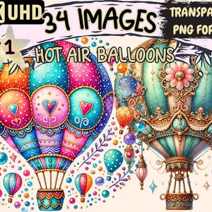 Hot Air Balloons Clipart - 34 PNG Balloon Illustrations, Sky Beautiful Art, Instant Digital Download, Unlimited Commercial Use for Crafts