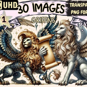 Griffins Clipart - 30 PNG Mythical Creature Illustrations, Fantasy Lion Art, Instant Digital Download, Unlimited Commercial Use for Crafts