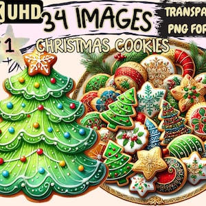 Christmas Cookies Clipart - 34 PNG Festive Cookie Graphics, Holiday Treat Printables, Instant Digital Download, Unlimited Commercial Use