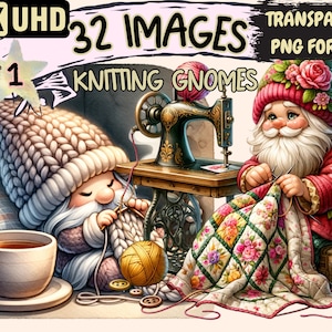 Knitting Gnomes Clipart - 32 PNG Cozy Gnome Graphics, Sweet Colorful Knitting Printables, Instant Digital Download, Unlimited Commercial Use