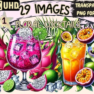 Floral Cocktails Clipart - 29 PNG Elegant Drink Graphics, Floral Printables, Instant Digital Download, Unlimited Commercial Use for Crafts