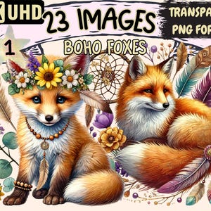 Boho Foxes Clipart - 23 PNG Woodland Animal Graphics, Bohemian Fox Illustrations, Nature Printables, Instant Digital Download,Commercial Use