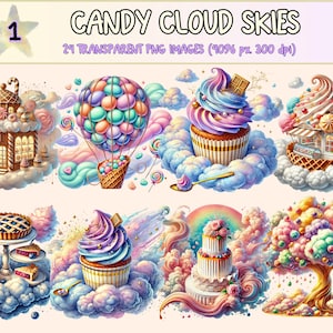 Candy Cloud Skies (P1) Clipart - 24 PNG Pastel Dream Graphics, Sweet Whimsical Sky Illustrations, Instant Digital Download, Commercial Use
