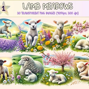 Lamb Meadows Clipart - 30 PNG Pastoral Spring Graphics, Cute Countryside Sheep Illustrations, Instant Digital Download, Commercial Use