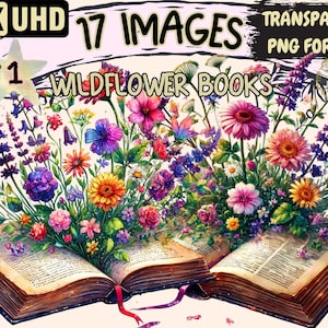Wildflower Books Clipart - 17 PNG Floral Book Illustrations, Botanical Art, Instant Digital Download, Unlimited Commercial Use for Crafts