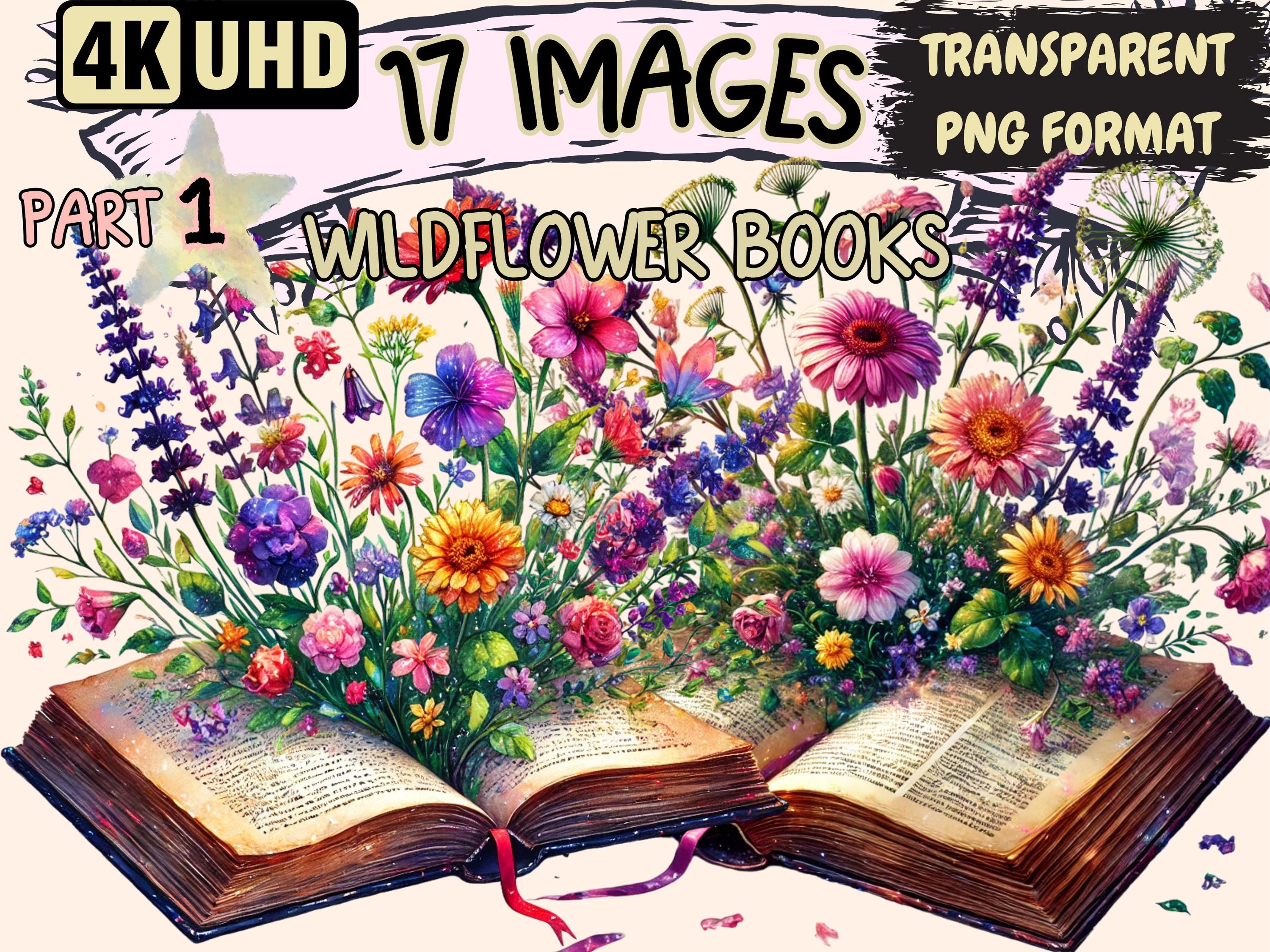 Wildflower Books Clipart - 17 PNG Floral Book Illustrations, Botanical Art, Instant Digital Download, Unlimited Commercial Use for Crafts