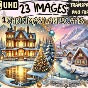 Christmas Landscapes Clipart - 23 PNG Holiday Scenery Illustrations, Winter Art, Instant Digital Download, Unlimited Commercial Use Crafts