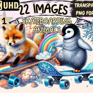Skateboarding Animals Clipart - 22 PNG Adorable Fun Animal Illustrations on Skateboards, Instant Digital Download, Unlimited Commercial Use