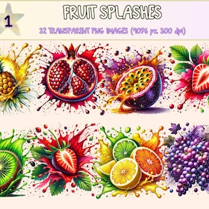 Fruit Splashes (P1) Clipart - 32 PNG Juicy Summer Graphics, Colorful Refreshing Fruit Illustrations, Instant Digital Download,Commercial Use