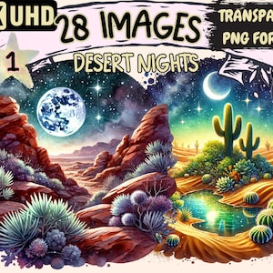 Desert Nights Clipart - 28 PNG Moonlit Dunes Graphics, Starry Sky Illustrations, Boho Printables, Instant Digital Download, Commercial Use