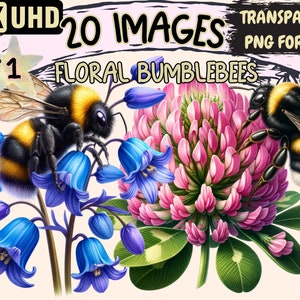 Floral Bumblebees Clipart - 20 PNG Charming Bee Graphics, Flowers Printables, Instant Digital Download, Unlimited Commercial Use for Crafts