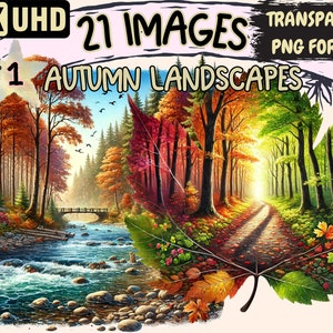 Autumn Landscapes Clipart - 21 PNG Fall Scenery Illustrations, Seasonal Art, Instant Digital Download, Unlimited Commercial Use for Crafts