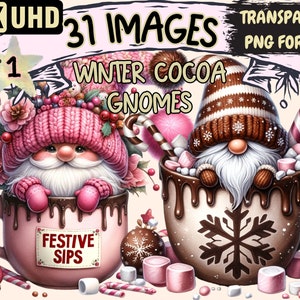 Winter Hot Cocoa Gnomes Clipart - 31 PNG Cozy Gnome Graphics, Hot Chocolate Printables, Instant Digital Download, Unlimited Commercial Use