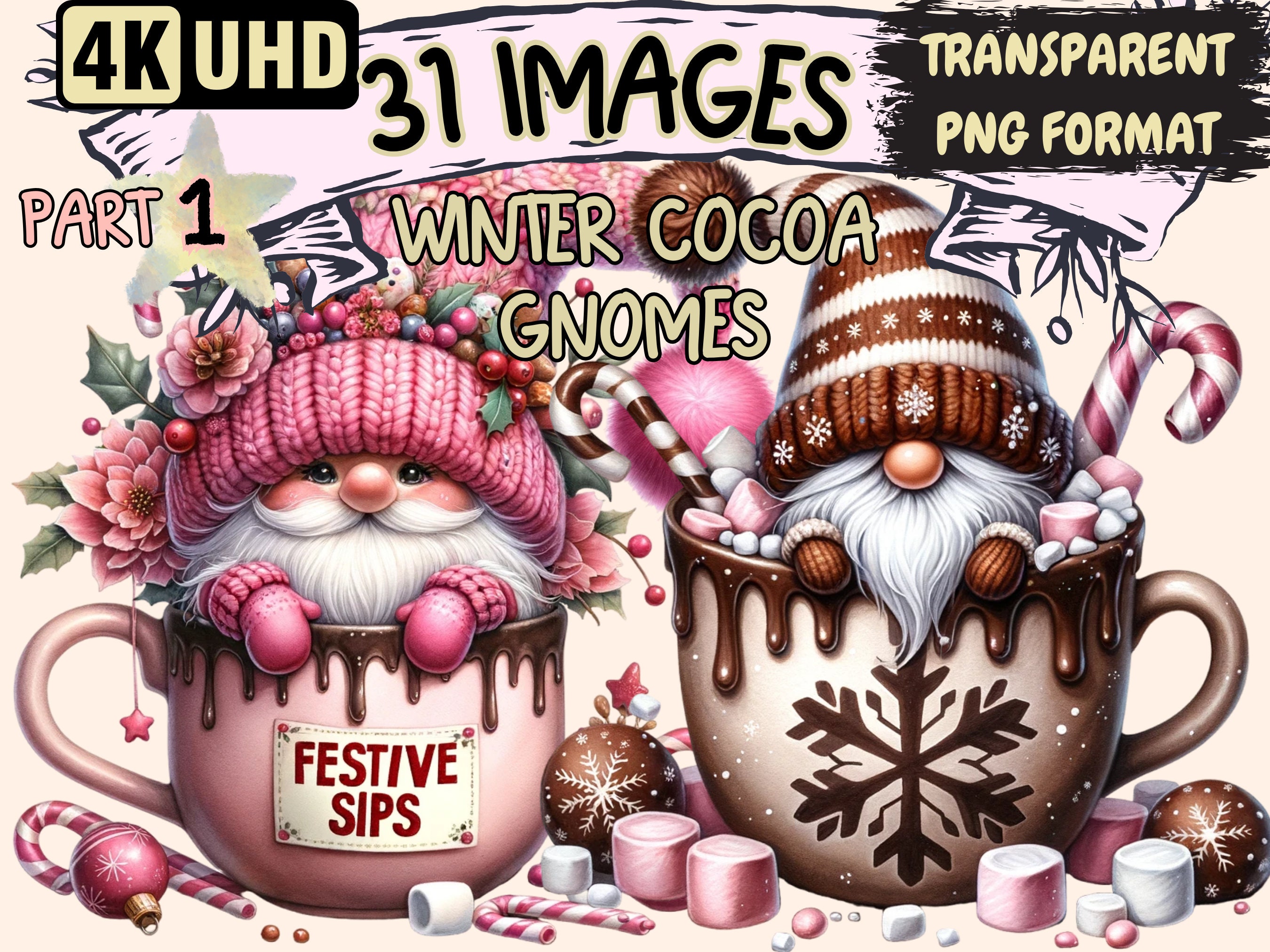 Winter Hot Cocoa Gnomes Clipart - 31 PNG Cozy Gnome Graphics, Hot Chocolate Printables, Instant Digital Download, Unlimited Commercial Use