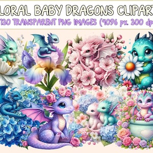 Floral Baby Dragons Clipart - 130 PNG Cute Dragon Graphics, Floral Nursery Printables, Instant Digital Download, Unlimited Commercial Use