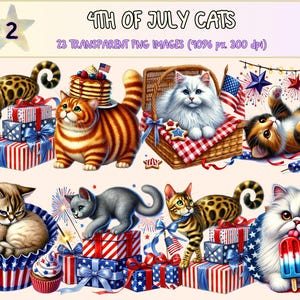 4th of July Cats (P2) Clipart - 23 PNG Patriotic Kitten Graphics, Red White Blue Cat Illustrations, Instant Digital Download, Commercial Use