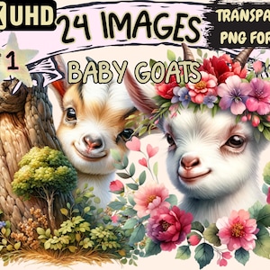 Baby Goats Clipart - 24 PNG Adorable Goat Graphics, Farm Printables, Instant Digital Download, Unlimited Commercial Use for Crafts & Designs