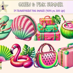 Green & Pink Summer (P1) Clipart - 24 PNG Vibrant Seasonal Graphics, Tropical Color Illustrations, Instant Digital Download, Commercial Use