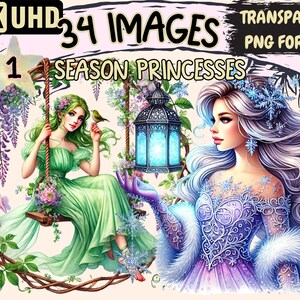 Season Princesses Clipart - 34 PNG Enchanted Princess Illustrations, Fantasy Fairy Art, Instant Digital Download, Unlimited Commercial Use