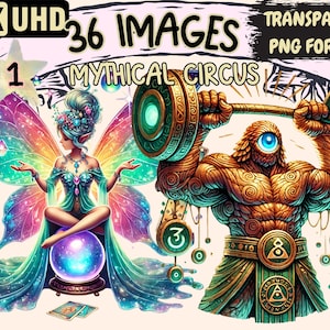 Mythical Circus Clipart - 36 PNG Enchanted Circus Illustrations, Whimsical Fantasy Art, Instant Digital Download, Unlimited Commercial Use
