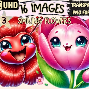Smiling Flowers (P3) Clipart - 16 PNG Cheerful Floral Illustrations, Cute Flower Art, Instant Digital Download, Unlimited Commercial Use
