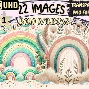 Boho Rainbows Clipart - 22 PNG Rainbow Illustrations, Bohemian Designs, Artistic Style, Instant Digital Download, Unlimited Commercial Use