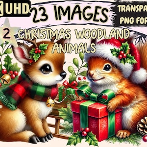 Christmas Woodland Animals (P2) Clipart - 23 PNG Festive Forest Illustrations, Holiday Art,Instant Digital Download,Unlimited Commercial Use