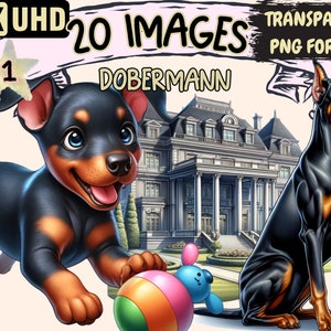 Dobermann Clipart Bundle - 20 PNG Cute Adorable Dog Images, Cute Pet Puppy Printables, Instant Digital Download, Unlimited Commercial Use